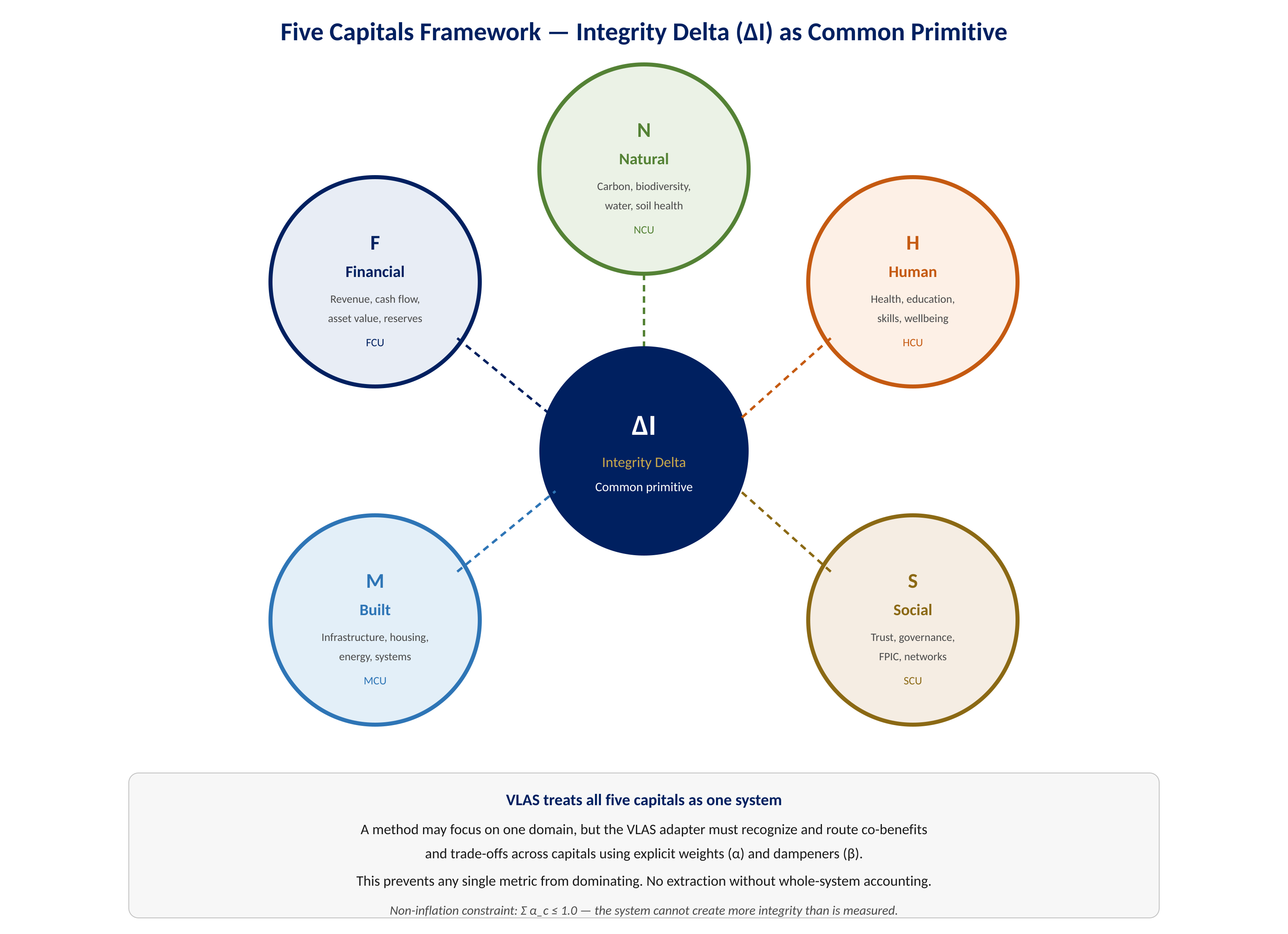 Five Capitals framework with Integrity Delta as the common primitive